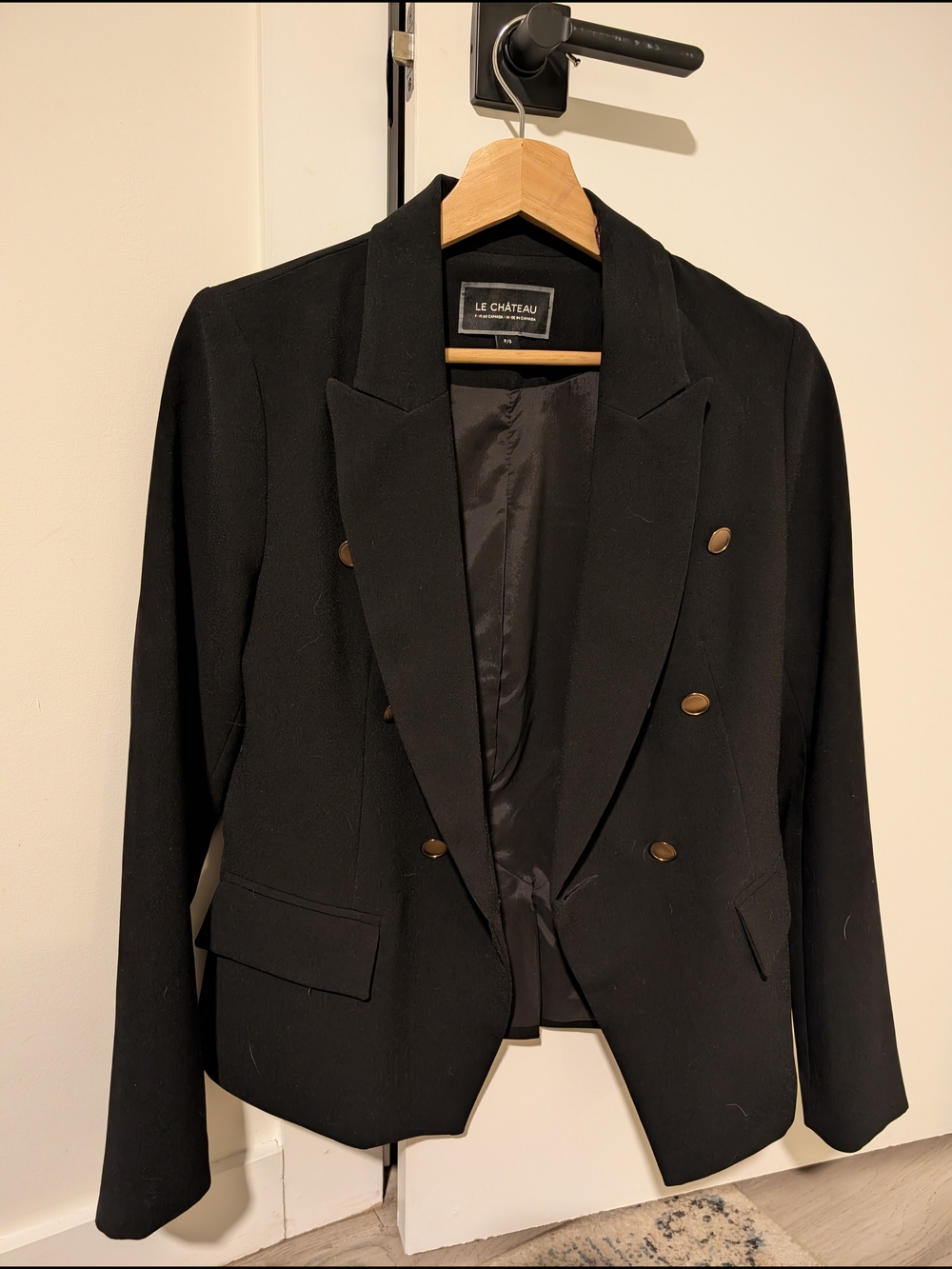 Le Château Black Double-Breasted Blazer with Gold Buttons